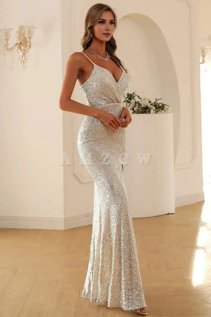 Amzcw Silver Sequins Prom Dress with Slit gowns evening dresses prom shop dresses