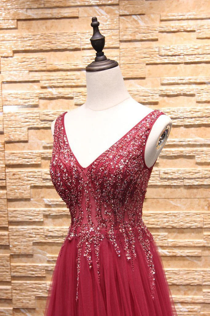 A-Line Burgundy V-Neck Beads Tulle Long Sleeveless Slit Backless Prom Dresses