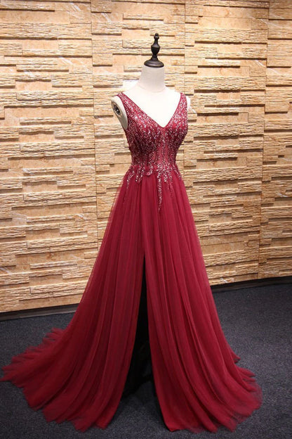 A-Line Burgundy V-Neck Beads Tulle Long Sleeveless Slit Backless Prom Dresses