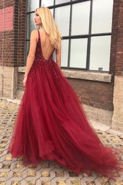 A-Line Burgundy V-Neck Beads Tulle Long Sleeveless Slit Backless Prom Dresses