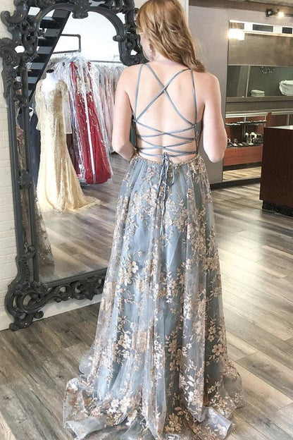 Simple A-Line Lace V-Neck Spaghetti Straps Backless Long Prom Dresses