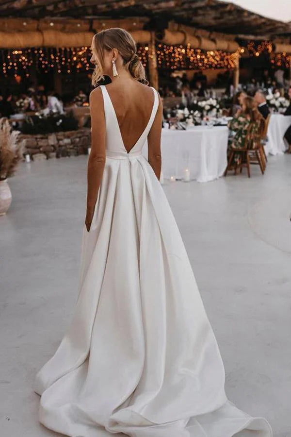 V Neck Satin Split Backless White Wedding Dresses Bride Gowns