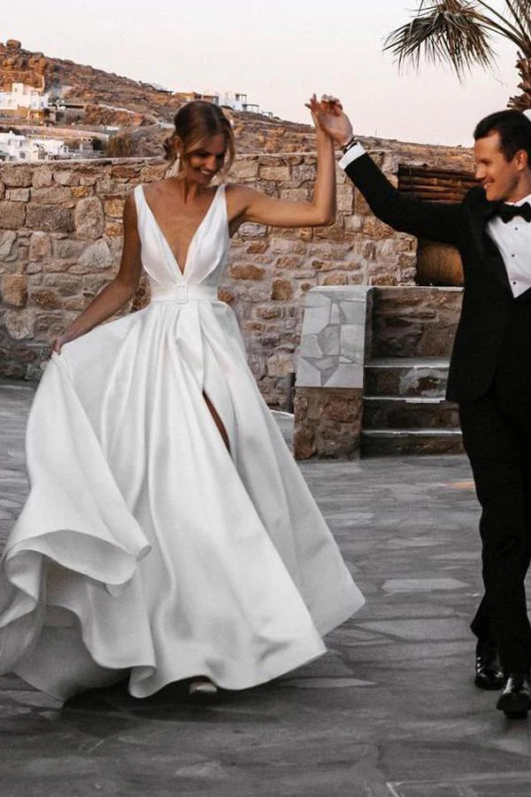 V Neck Satin Split Backless White Wedding Dresses Bride Gowns