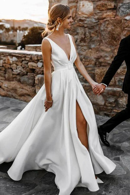 V Neck Satin Split Backless White Wedding Dresses Bride Gowns