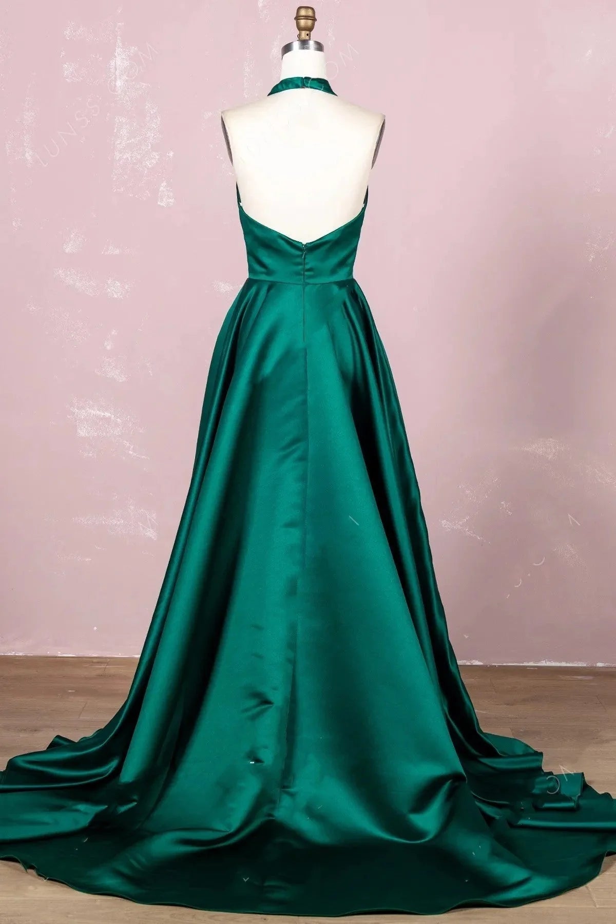 Simple Halter Satin Long Open Back Prom Dresses