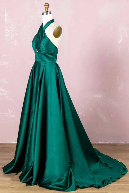 Simple Halter Satin Long Open Back Prom Dresses