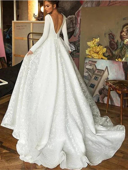 Long Sleeve Satin V Neck Wedding Dress