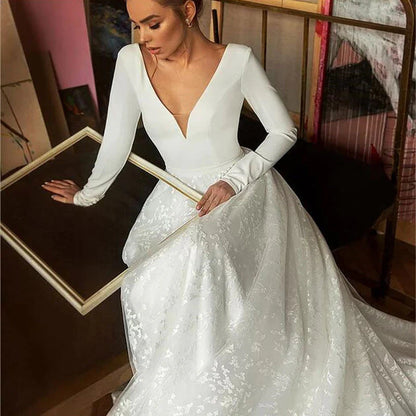 Long Sleeve Satin V Neck Wedding Dress