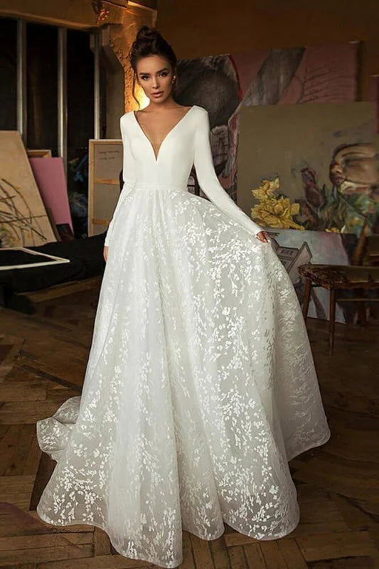 Long Sleeve Satin V Neck Wedding Dress