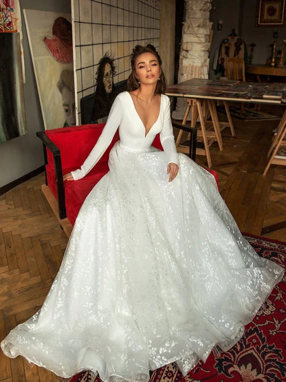 Long Sleeve Satin V Neck Wedding Dress