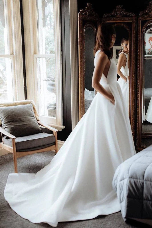 Simple Round Neck Satin Ivory Wedding Dresses with Pockets