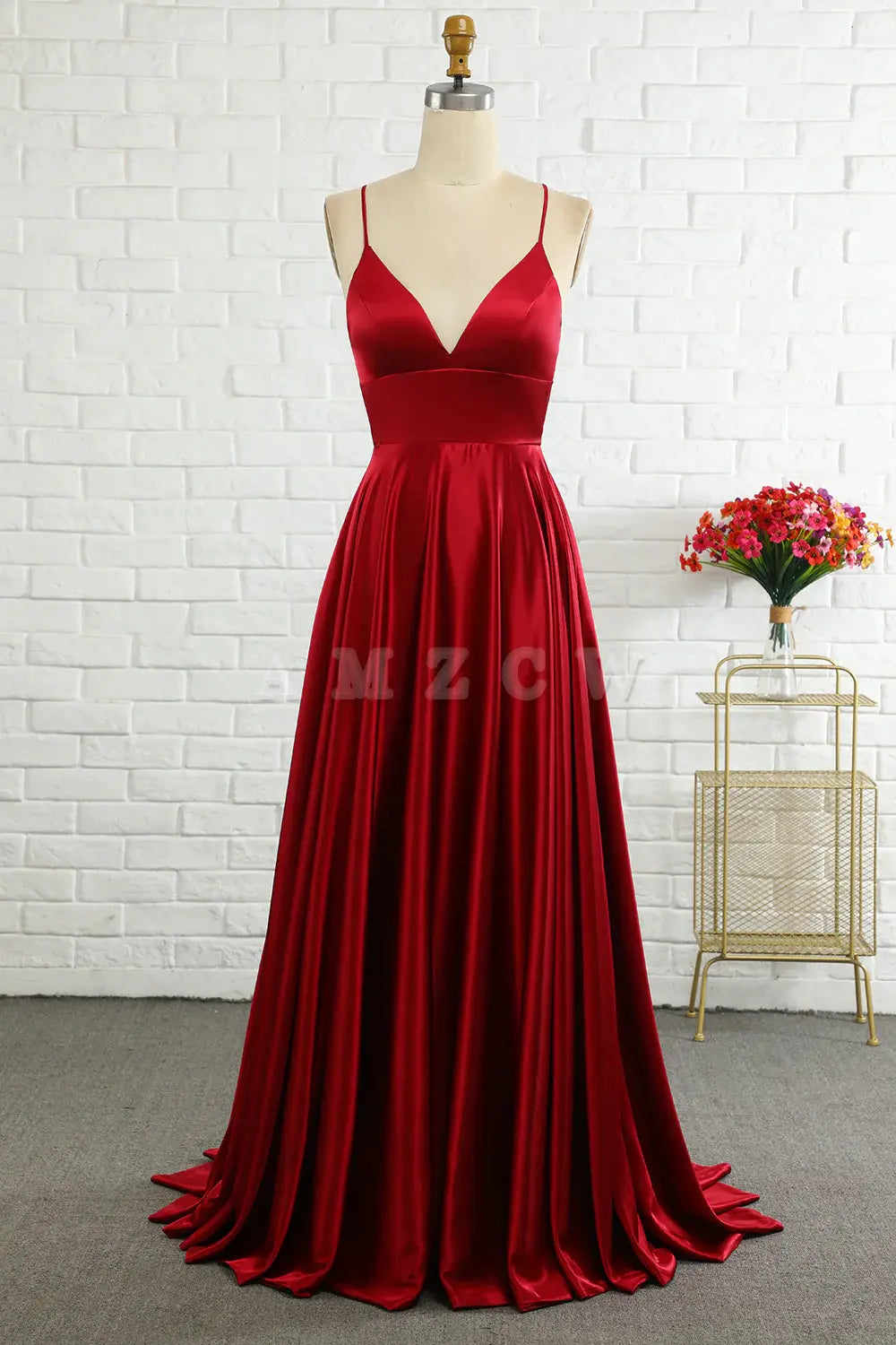 Amzcw Simple A Line Spaghetti Straps Burgundy Long Prom Dress with Cirss Cross Back gowns evening dresses