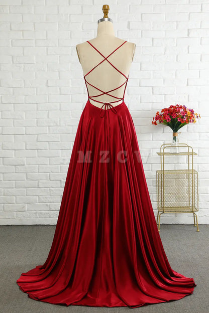 Amzcw Simple A Line Spaghetti Straps Burgundy Long Prom Dress with Cirss Cross Back gowns evening dresses