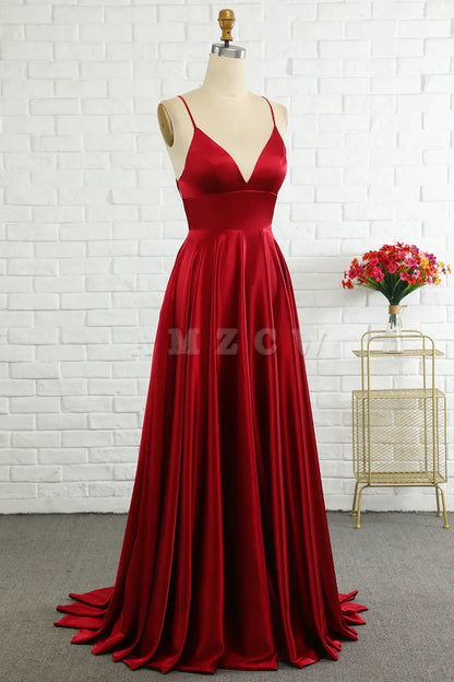 Amzcw Simple A Line Spaghetti Straps Burgundy Long Prom Dress with Cirss Cross Back gowns evening dresses