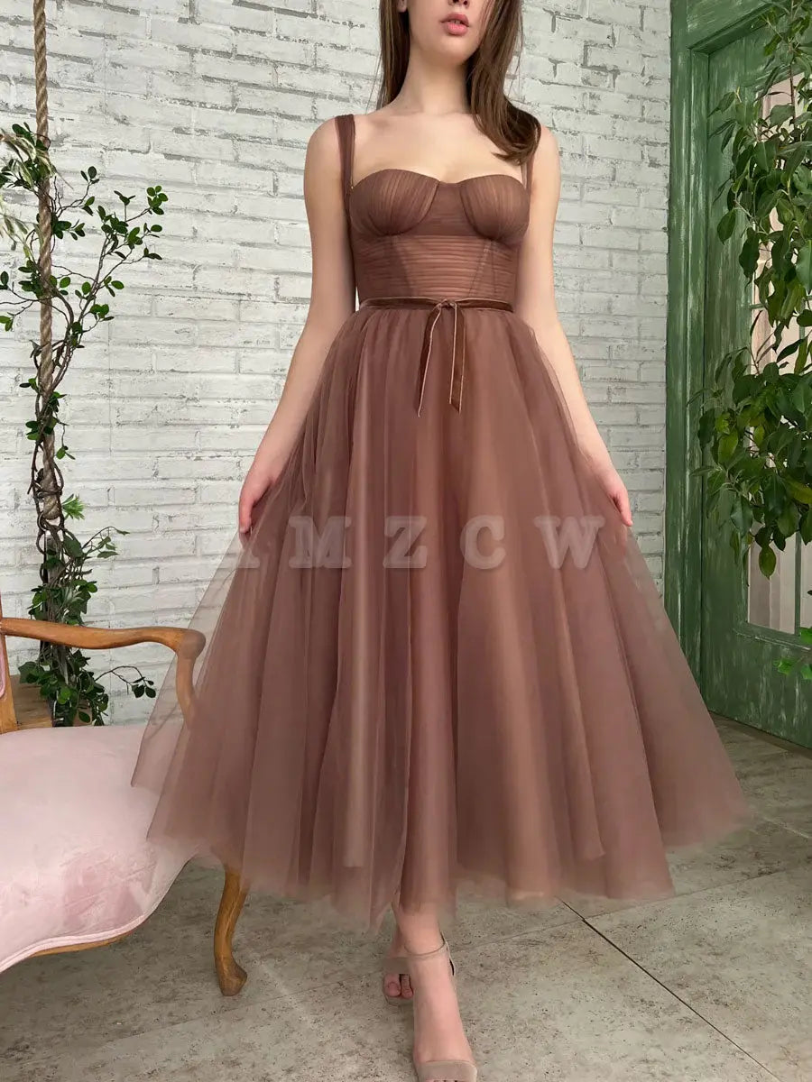 Amzcw Simple Aline Tea Length Brown Prom Dresses Brown Homecoming Dresses prom dress in store