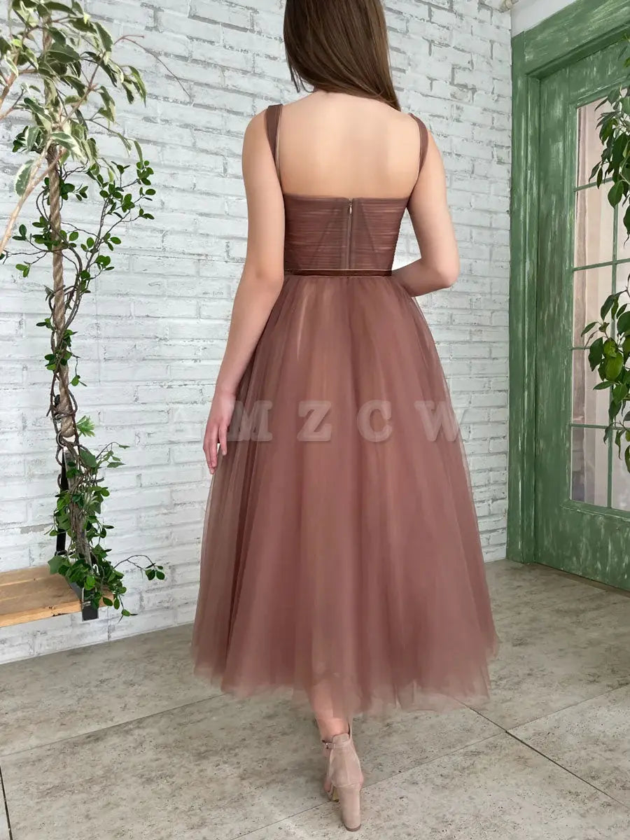 Amzcw Simple Aline Tea Length Brown Prom Dresses Brown Homecoming Dresses prom dress in store