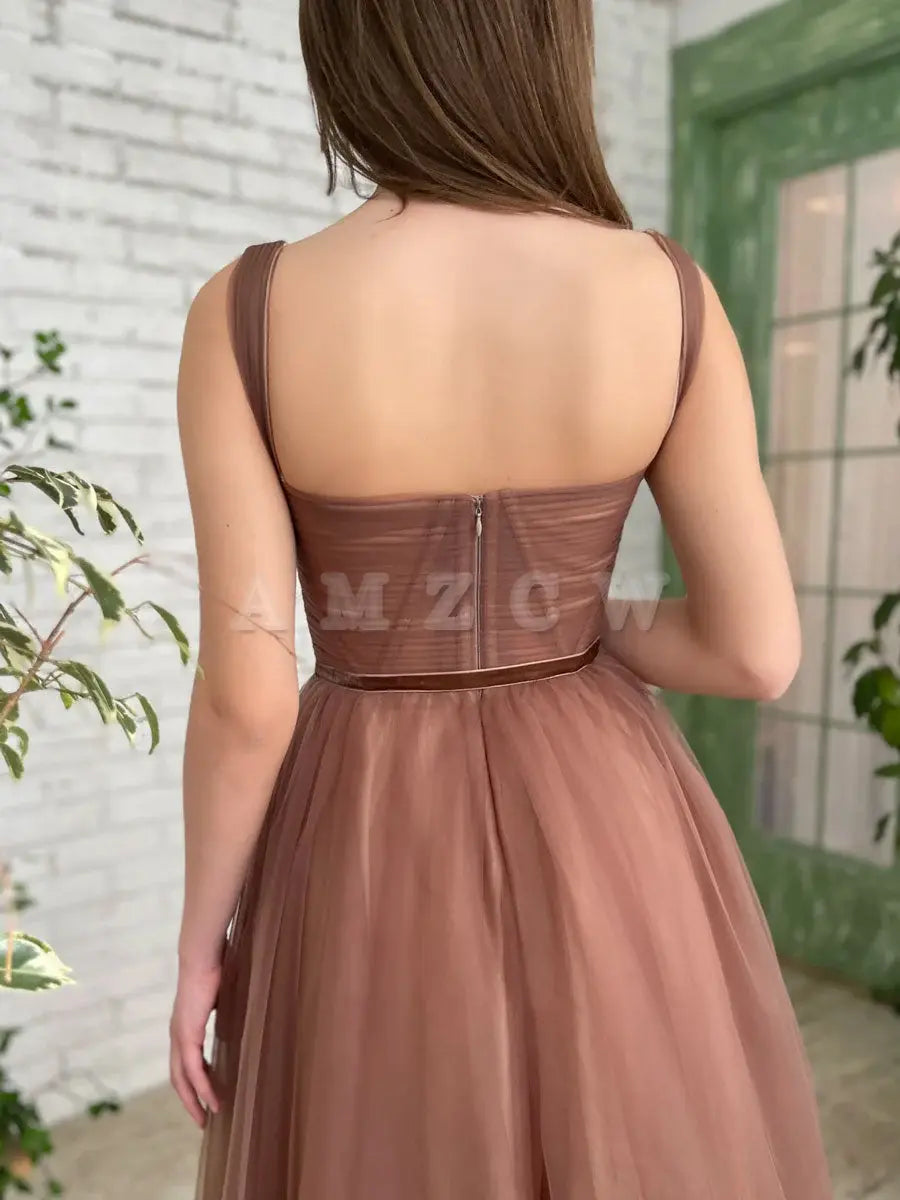 Amzcw Simple Aline Tea Length Brown Prom Dresses Brown Homecoming Dresses prom dress in store