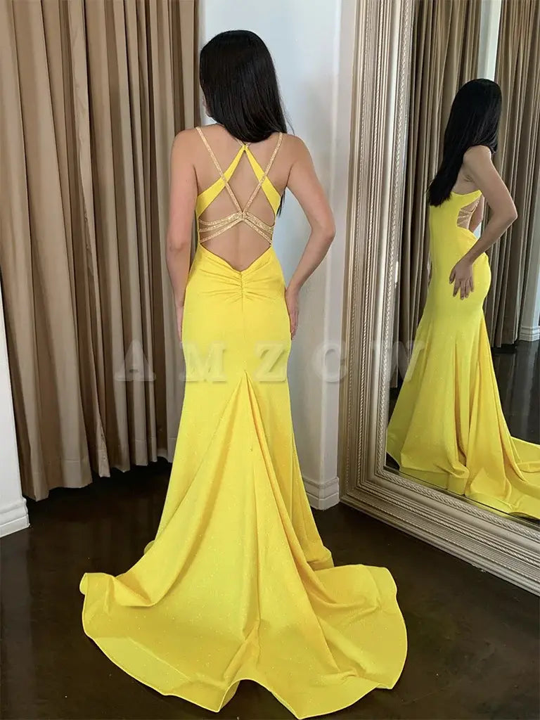 Amzcw Simple Backless Satin Yellow Long Prom Dress Yellow Evening Dress prom dress in store