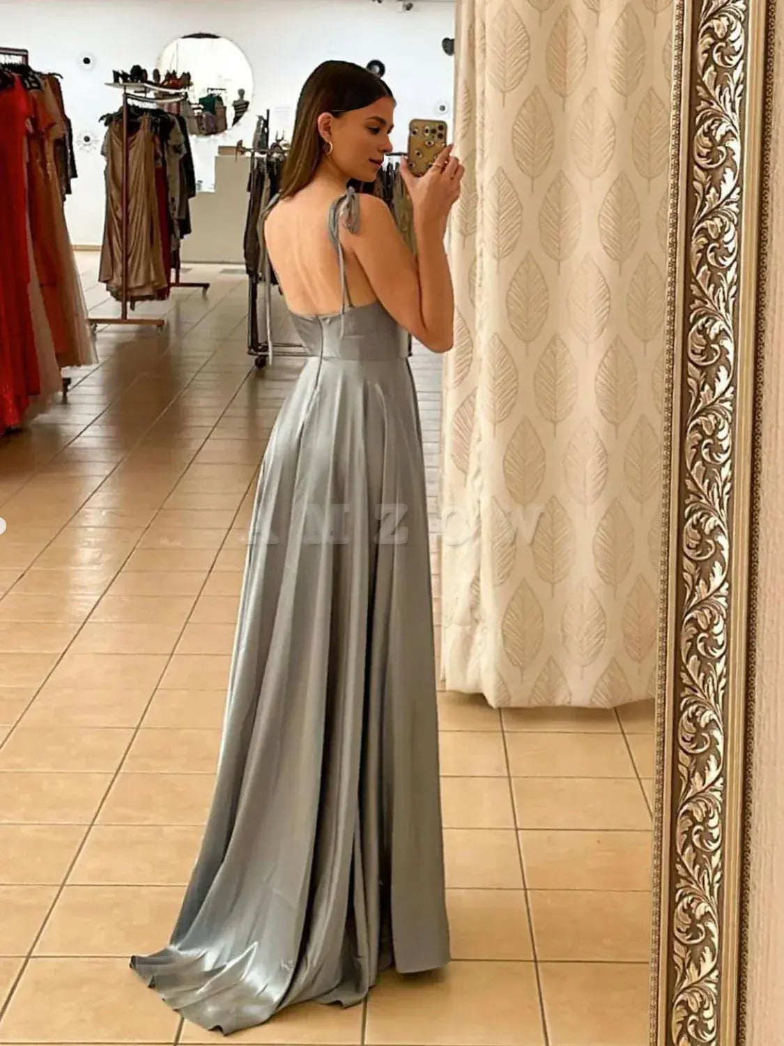 Amzcw Simple Gray A line satin long prom dress gray long formal dress prom dress in store