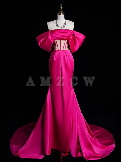 Amzcw Simple Off Shoulder Mermaid Rose Red Long Prom Dress Rose Red Satin Long Formal Dress prom dress in store