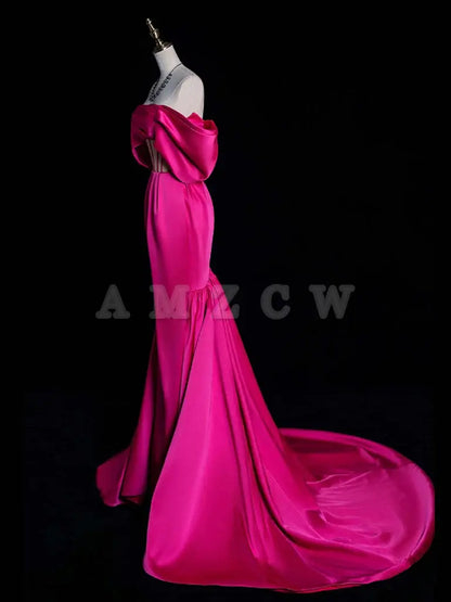 Amzcw Simple Off Shoulder Mermaid Rose Red Long Prom Dress Rose Red Satin Long Formal Dress prom dress in store