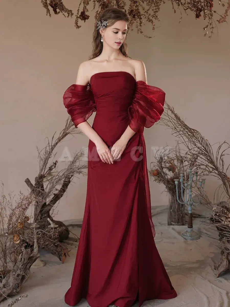 Amzcw Simple Off Shoulder Satin Burgundy Long Prom Dress Burgundy Evening Dress prom dress in store