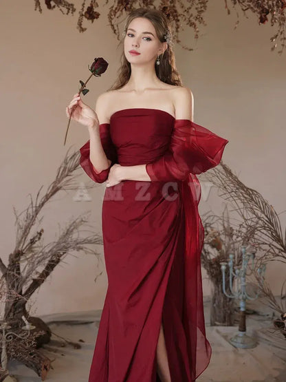 Amzcw Simple Off Shoulder Satin Burgundy Long Prom Dress Burgundy Evening Dress prom dress in store