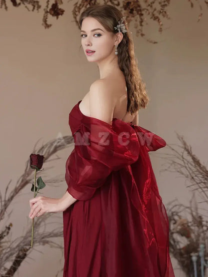 Amzcw Simple Off Shoulder Satin Burgundy Long Prom Dress Burgundy Evening Dress prom dress in store