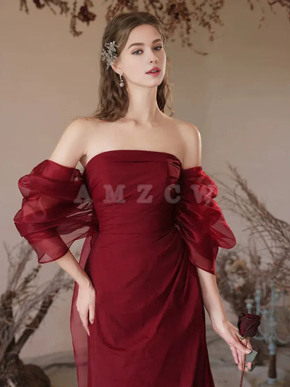 Amzcw Simple Off Shoulder Satin Burgundy Long Prom Dress Burgundy Evening Dress prom dress in store