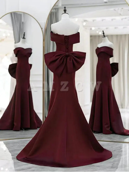 Amzcw Simple Off Shoulder Satin Burgundy Long Prom Dresses Mermaid Long Evening Dress prom dresses shops