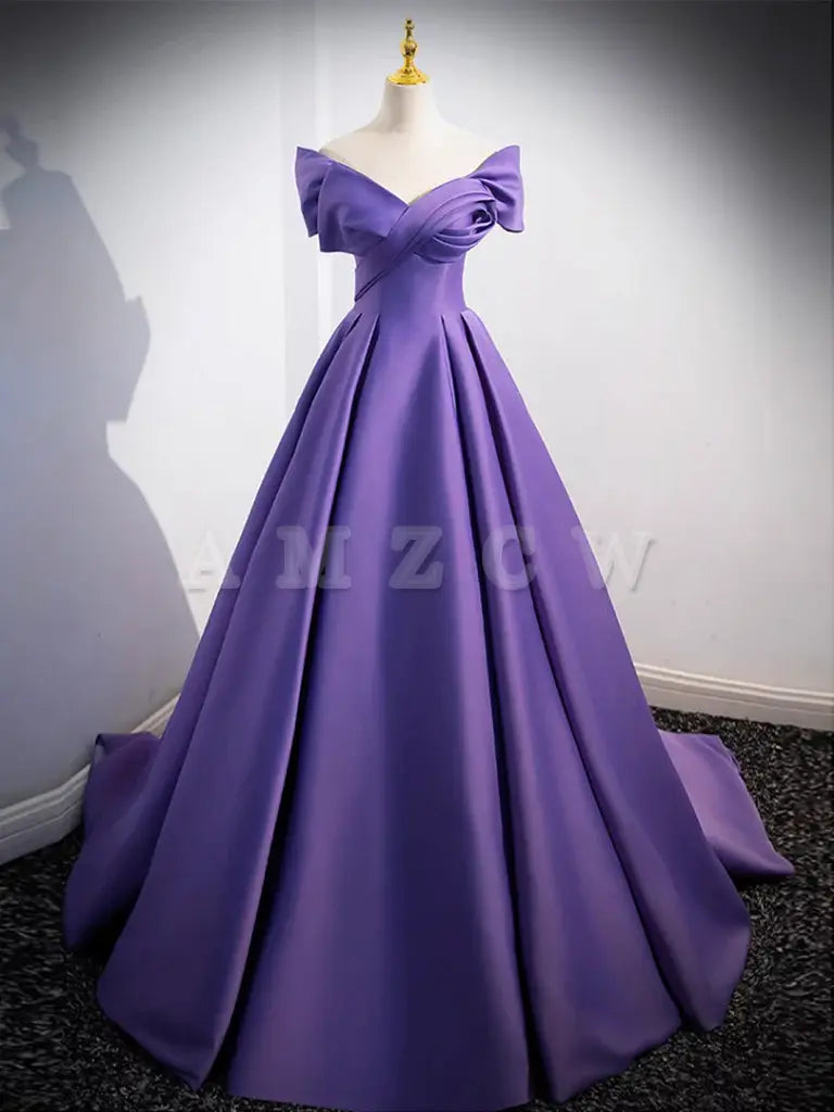 Amzcw Simple Off Shoulder Satin Purple Long Prom Dress Purple Long Evening Dress prom dresses shops ﻿