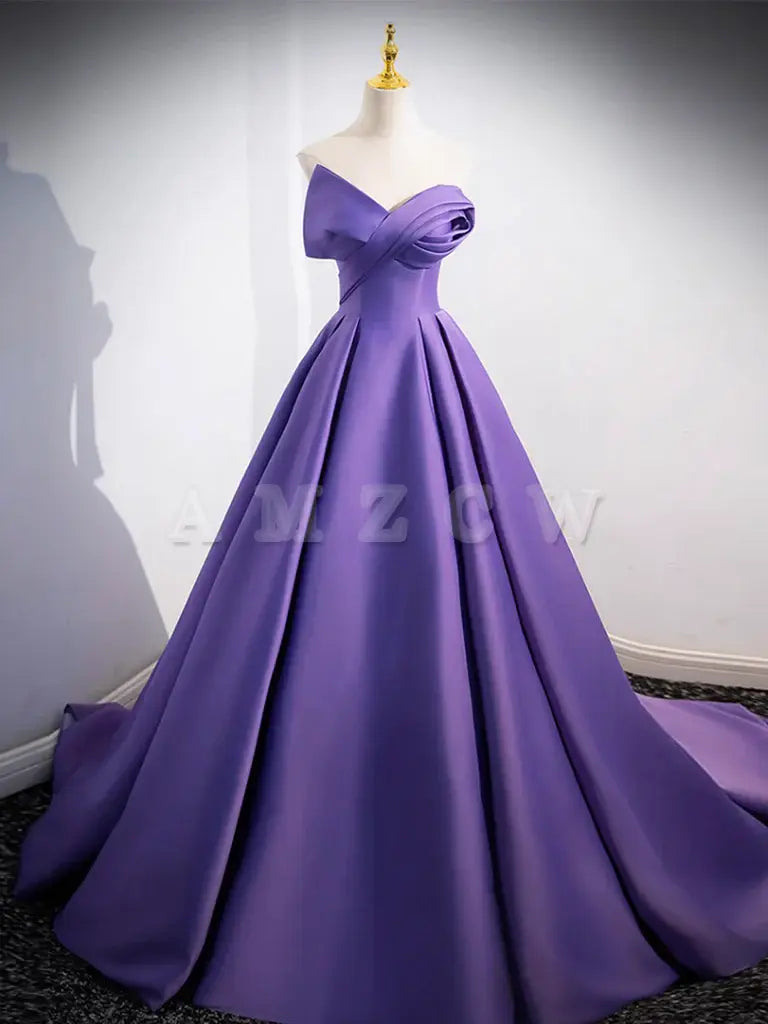 Amzcw Simple Off Shoulder Satin Purple Long Prom Dress Purple Long Evening Dress prom dresses shops ﻿