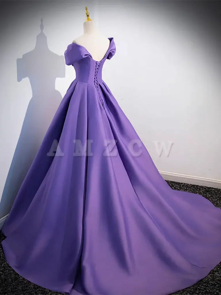 Amzcw Simple Off Shoulder Satin Purple Long Prom Dress Purple Long Evening Dress prom dresses shops ﻿