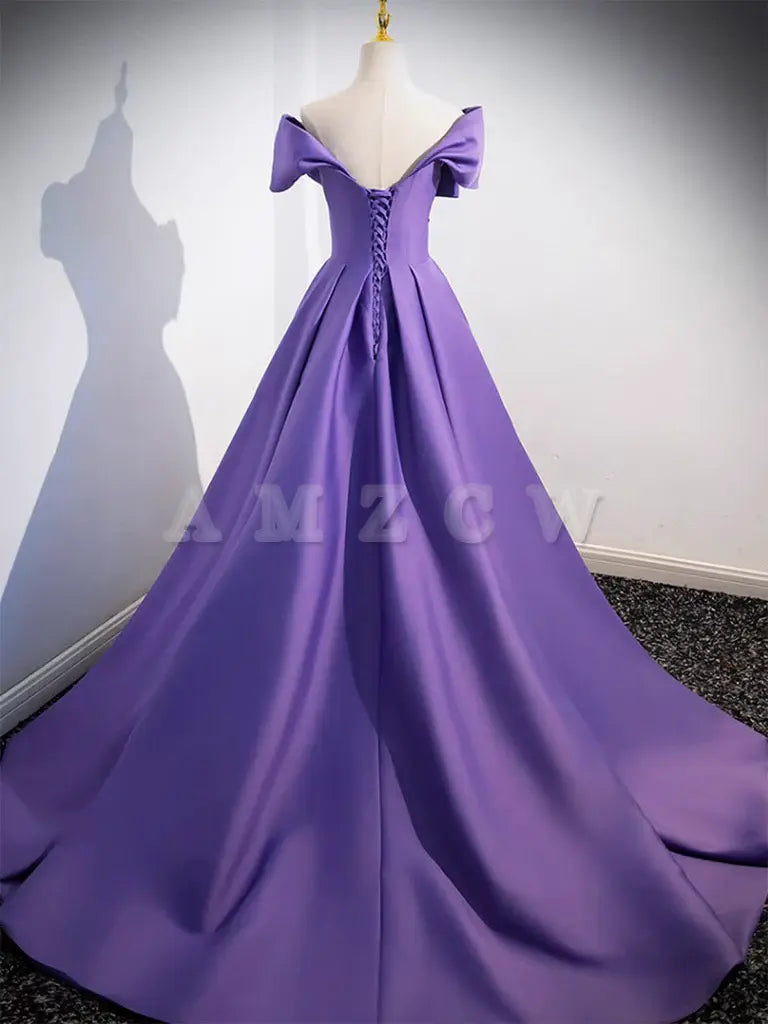 Amzcw Simple Off Shoulder Satin Purple Long Prom Dress Purple Long Evening Dress prom dresses shops ﻿