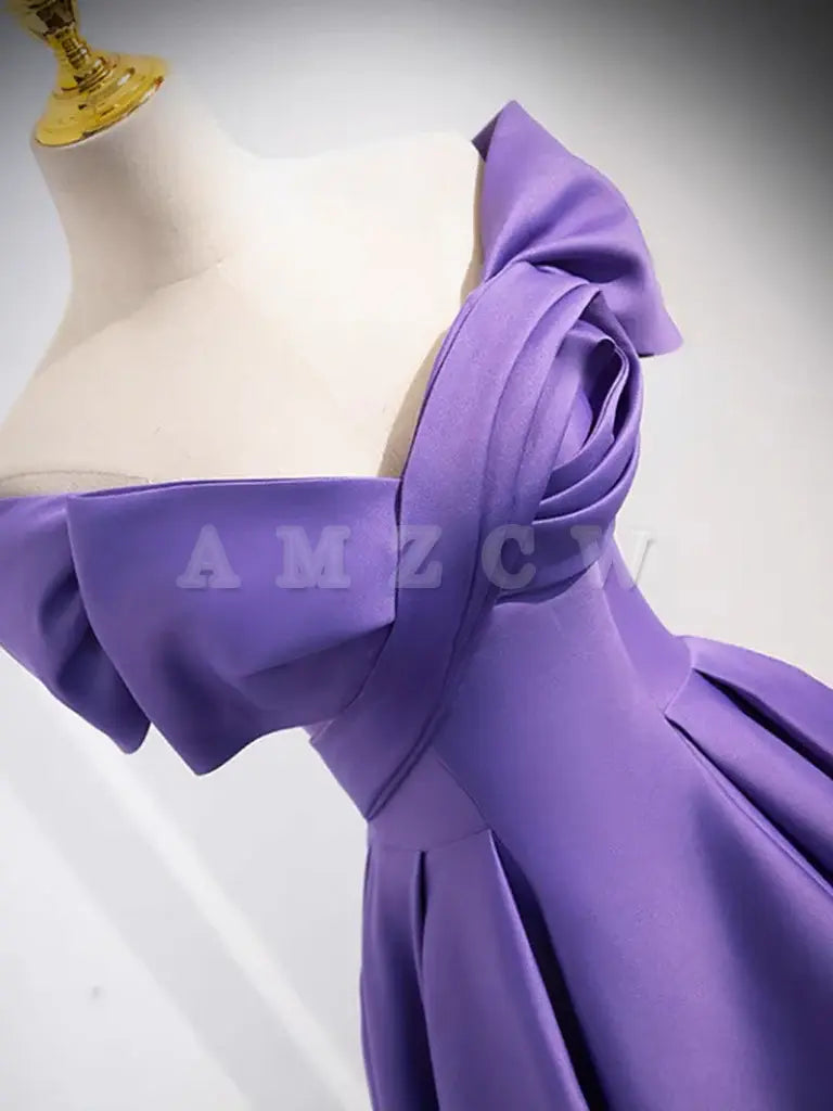 Amzcw Simple Off Shoulder Satin Purple Long Prom Dress Purple Long Evening Dress prom dresses shops ﻿