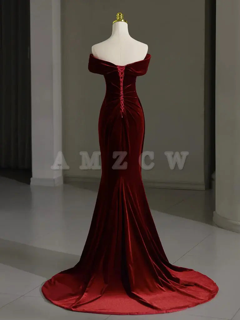 Amzcw Simple Off Shoulder Velvet Burgundy Long Prom Dress Mermaid Long Formal Dress prom dress in store