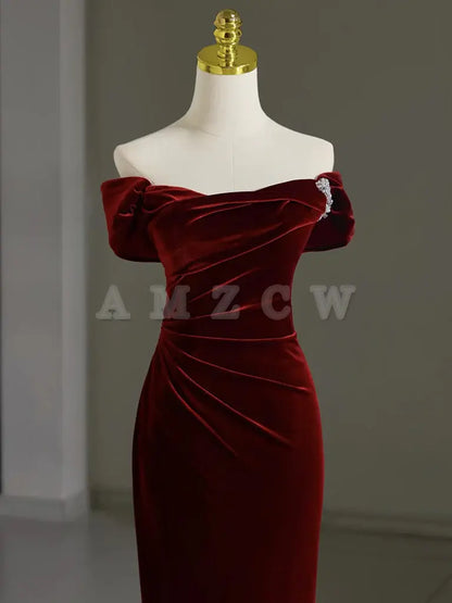 Amzcw Simple Off Shoulder Velvet Burgundy Long Prom Dress Mermaid Long Formal Dress prom dress in store