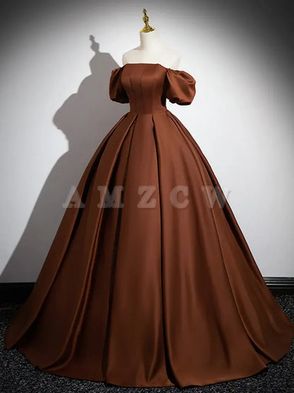 Amzcw Simple Satin Brown Long Prom Dress Brown Long Evening Dress prom dress in store