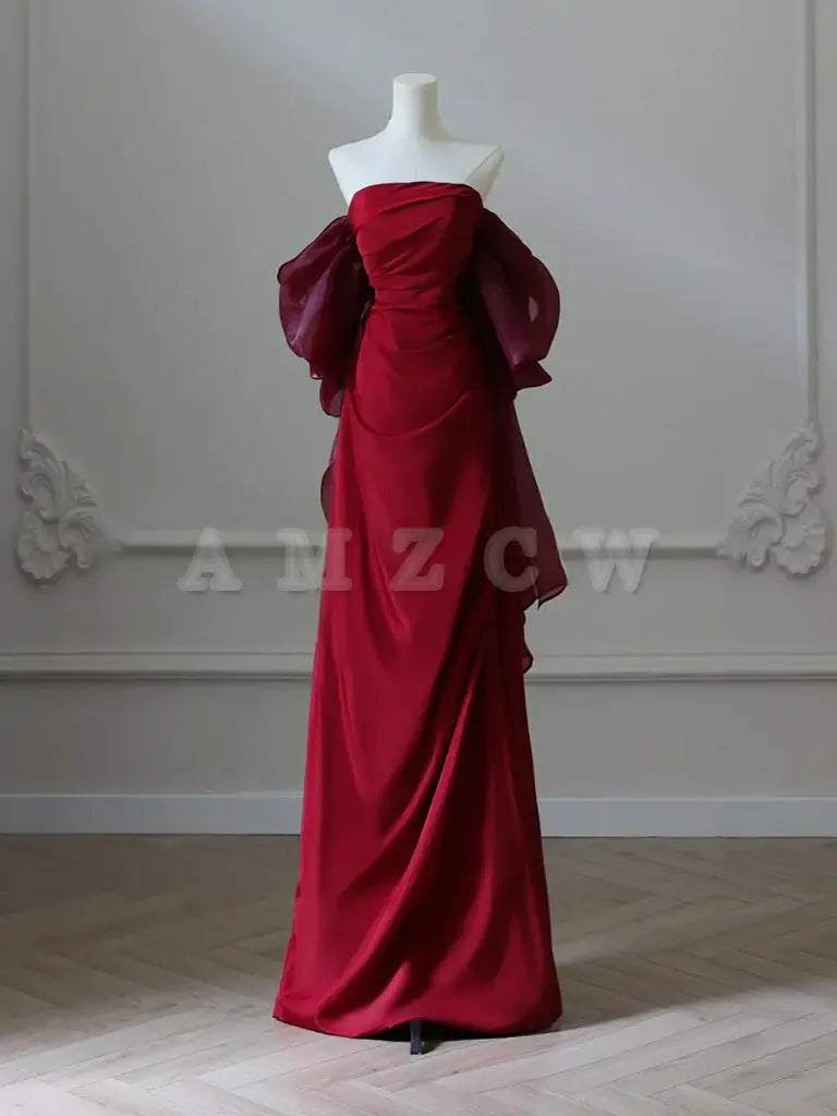 Amzcw Simple Satin Burgundy Long Prom Dress Burgundy Long Evening Dress prom dress in store