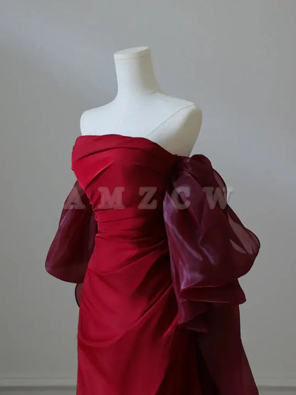 Amzcw Simple Satin Burgundy Long Prom Dress Burgundy Long Evening Dress prom dress in store