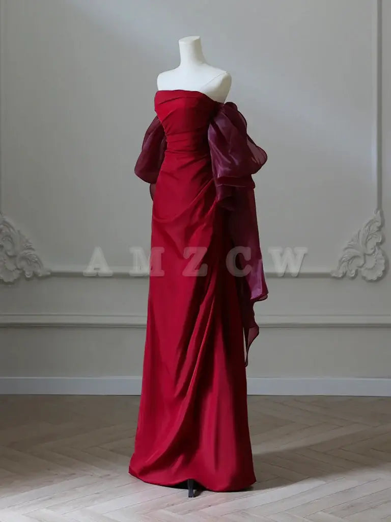 Amzcw Simple Satin Burgundy Long Prom Dress Burgundy Long Evening Dress prom dress in store