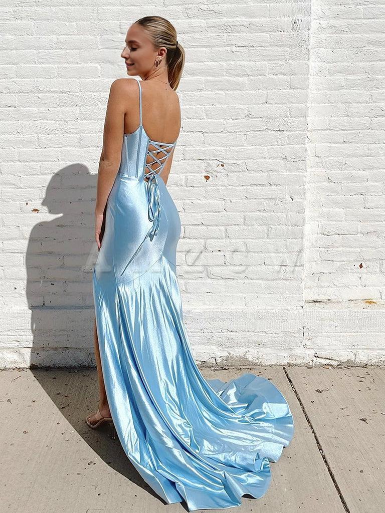 Amzcw Simple V Neck Mermaid Blue Long Prom Dress Blue Long Evening Dress prom dress in store