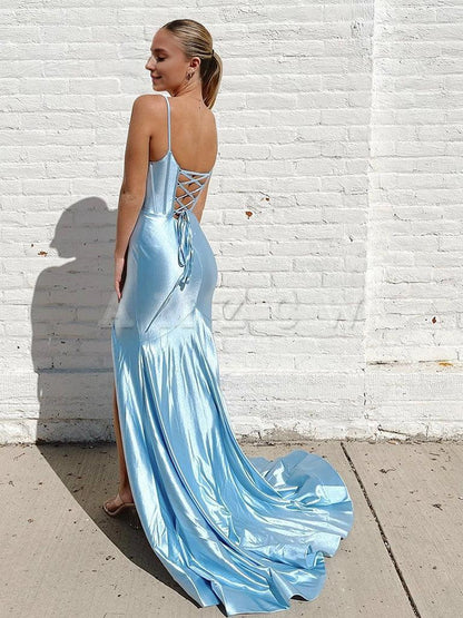 Amzcw Simple V Neck Mermaid Blue Long Prom Dress Blue Long Evening Dress prom dress in store