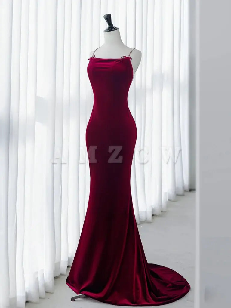 Amzcw Simple Velvet Mermaid Burgundy Long Prom Dress Burgundy Long Formal Dress prom dress in store ﻿