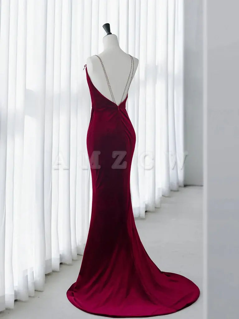 Amzcw Simple Velvet Mermaid Burgundy Long Prom Dress Burgundy Long Formal Dress prom dress in store ﻿