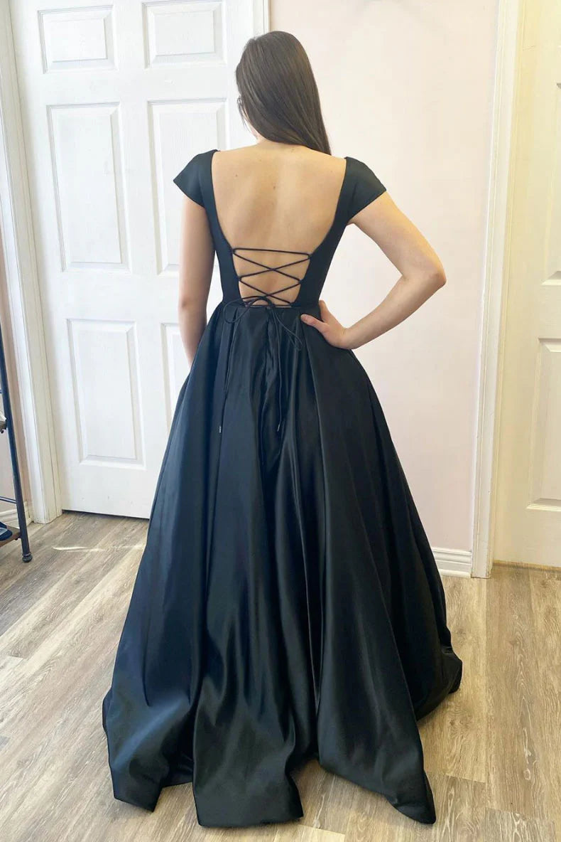 Amzcw Simple black satin long prom dress black satin evening dress formal wear dresses