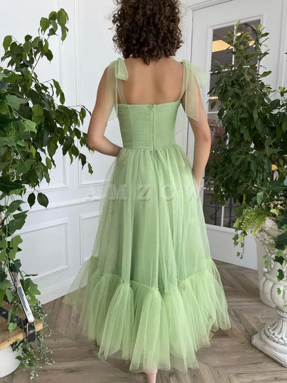 Amzcw Simple green tulle tea length prom dress green tulle formal dress prom dress in store