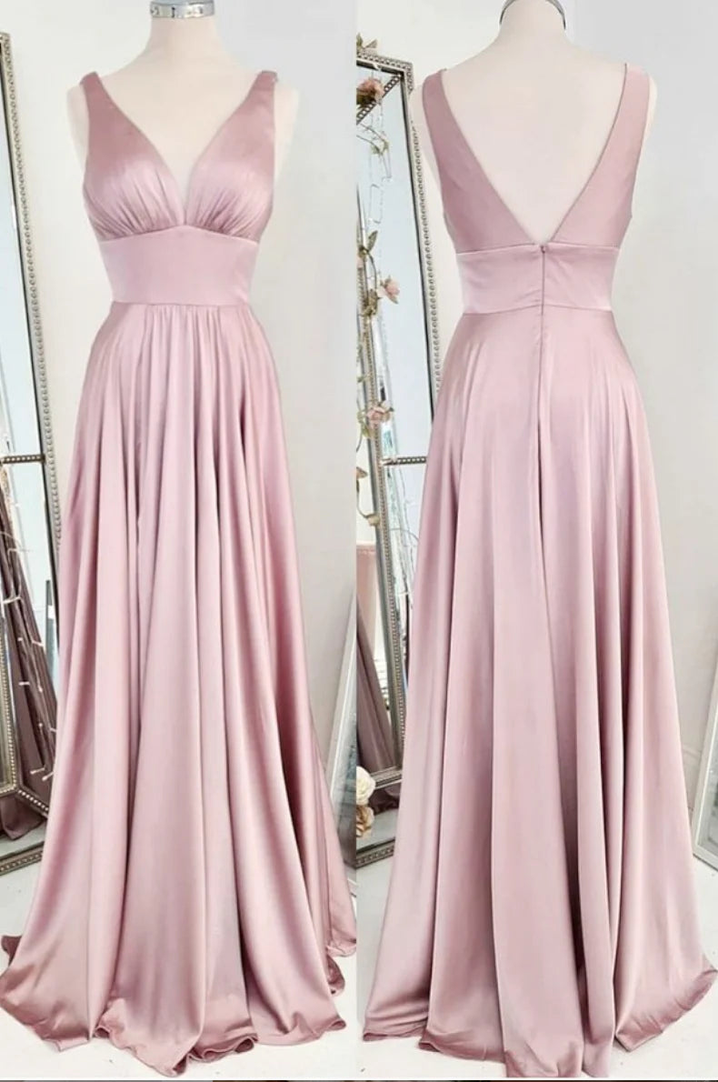 Amzcw Simple pink satin long prom dress pink bridesmaid dress formal wear dresses