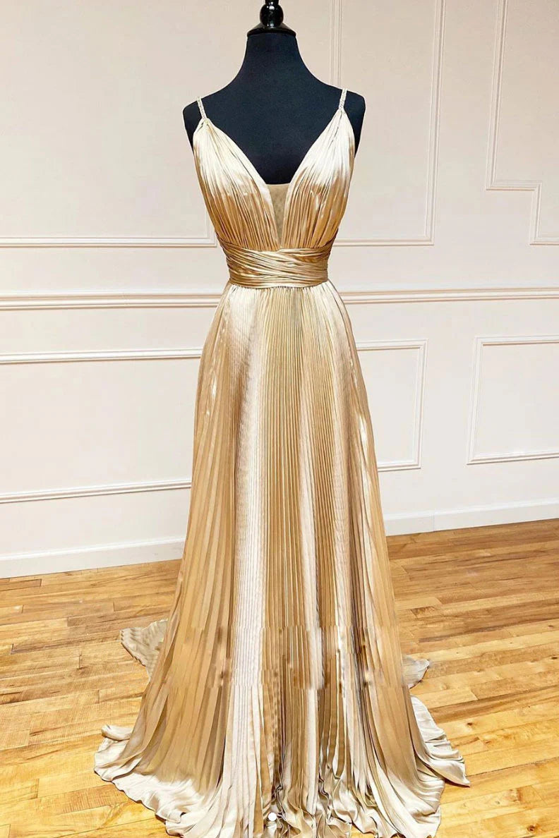 Amzcw Simple v neck satin long prom dress champagne evening dress formal wear dresses