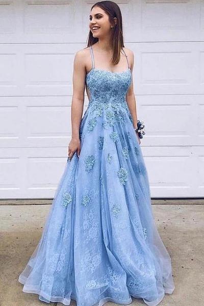 Sky Blue A Line Tulle Spaghetti Straps Criss Cross Back Prom Dresses With Lace Appliques